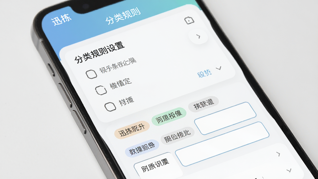 手机屏幕展示迅拣软件的分类规则设置界面,包含多个条件选项和标签输入框,界面布局清晰,配色柔和,背景为淡灰色,风格简约商务,画质高清,干净,无多余元素