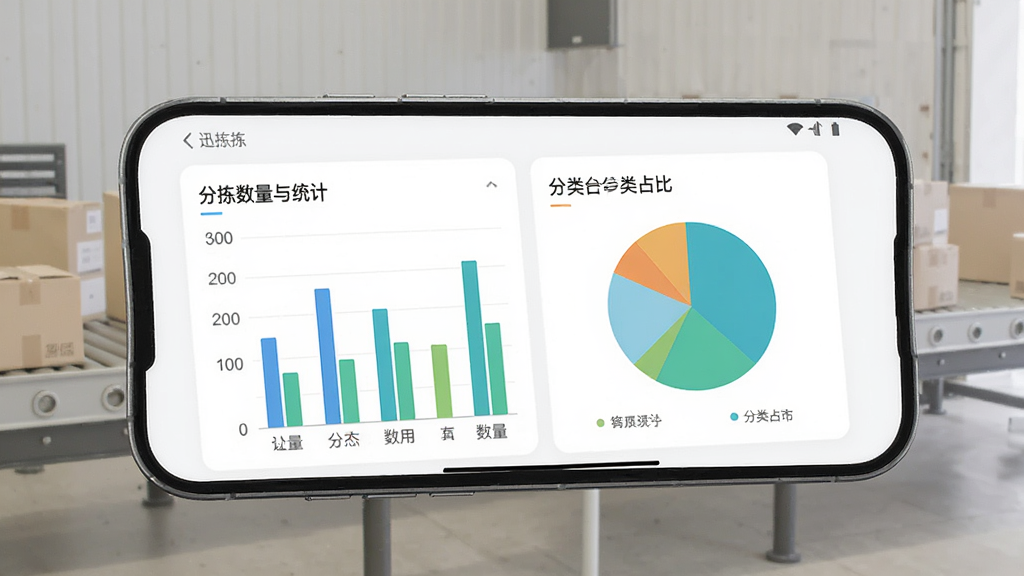手机屏幕显示迅拣软件的数据统计页面,包含柱状图和饼图,展示分拣数量与分类占比,界面配色清新,背景为白色,风格现代简约,画质清晰,干净,无多余元素