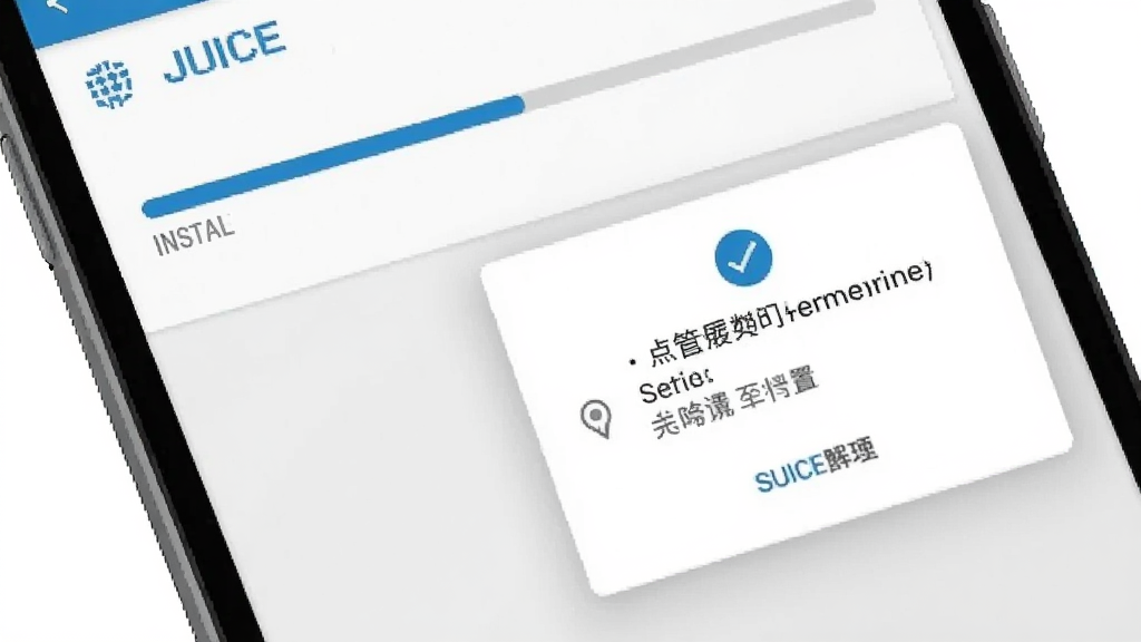 一张展示JUICE应用在安卓手机上安装与权限设置界面的示意图,画面为手机屏幕特写,屏幕上显示安装进度条与权限授权弹窗,界面风格简洁,配色为白色与蓝色,背景干净,画质清晰,无杂乱元素