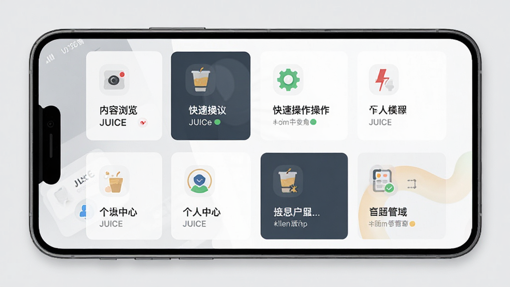 一张展示JUICE应用功能模块的示意图,画面以手机界面为主体,屏幕上分区域展示JUICE的多个功能卡片,包括内容浏览、快捷操作、个人中心等模块,每个模块配有简洁图标,整体排版整齐,风格现代简约,背景为浅灰色,画质干净清晰,无杂乱元素