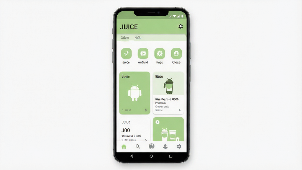 一张展示JUICE安卓应用主界面的预览图,画面中央是手机屏幕,屏幕内显示JUICE应用简洁清爽的首页布局,顶部有应用名称JUICE,中部排列着功能图标与卡片式内容区域,底部为导航栏,整体采用扁平化设计,配色以白色和浅绿色为主,背景干净整洁,画质清晰,无多余元素