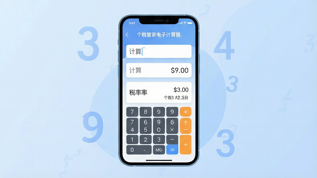 一张展示个税管家电子计算器主界面的手机应用截图风格插画,画面中央是一部竖屏智能手机,屏幕内显示简洁的个税计算输入框和税率结果卡片,背景为淡蓝色渐变,带有轻微的网格纹理和数字符号装饰,整体风格为扁平化科技插画,细节清晰,画质干净,无多余元素,图片中文字标注