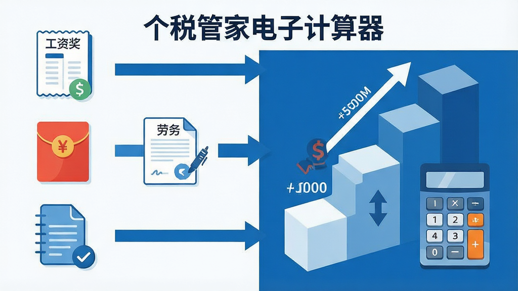 一张信息图表风格的插画,画面左侧是分类清晰的收入类型图标,包括工资条、年终奖红包、劳务合同等,右侧是税率阶梯图形和计算器按键,中间用箭头连接表示计算流程,整体色调为蓝白商务风,布局规整,文字标注