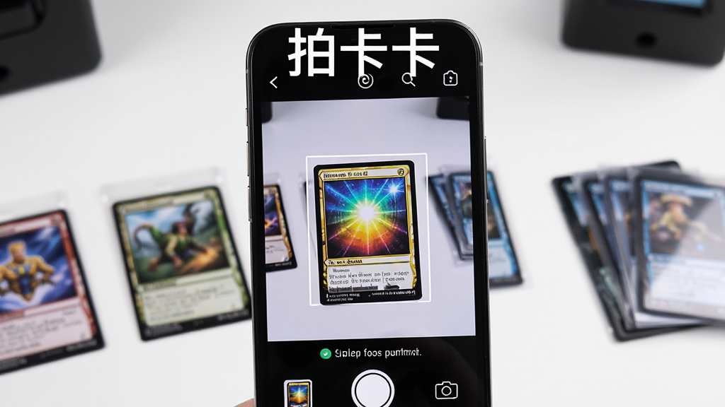 一张展示智能手机拍摄卡牌场景的图片,画面中央是一部手机正对着一张闪亮的集换式卡牌,手机屏幕上显示着拍卡卡软件的拍摄界面,界面中有取景框和自动校正提示,背景是干净整洁的桌面,桌面上散落着几张稀有卡牌和卡套,整体风格简洁明亮,细节丰富,画质高清,干净无多余元素,图片上方有文字“拍卡卡”