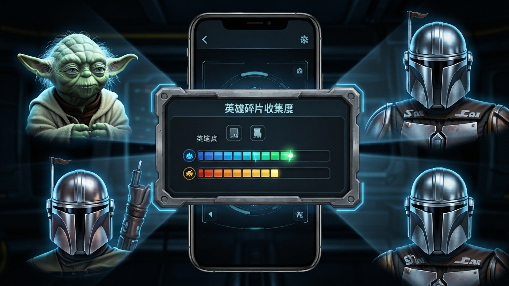 一张展示星球大战银河英雄传辅助菜单功能的界面图,画面中心是手机屏幕显示英雄碎片收集进度面板,周围环绕着多个星战角色的全息头像,包括尤达大师和曼达洛人,布局采用放射状排列突出中心面板,风格为科幻全息界面与游戏UI融合,细节包含发光的进度条和金属质感的边框,画质清晰,干净无多余元素,画面中不出现任何文字。