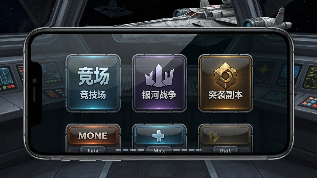 一张星球大战银河英雄传游戏模式选择界面的生图,画面主体为手机横屏显示多个模式入口图标,包括竞技场、银河战争和突袭副本,背景是星际战舰内部的控制台场景,排版上图标呈网格状排列,风格为科幻军事控制台与游戏UI结合,细节包含按钮的立体感和屏幕的玻璃反光,画质高清,干净无多余元素,画面中不出现任何文字。