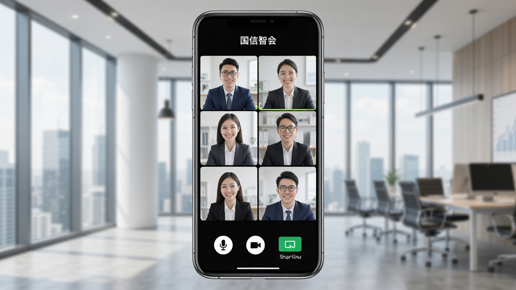 一张展示国信智会移动端视频会议界面的宣传图,画面中央为手机屏幕,屏幕内显示多人视频会议网格布局,底部有麦克风、摄像头、共享屏幕等控制按钮,背景为现代金融办公环境,风格简洁商务,细节清晰,画质干净,无多余元素