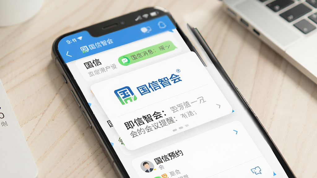 一张展示国信智会即时消息和会议提醒界面的图,手机屏幕显示聊天列表和会议预约卡片,卡片上有国信智会标志,背景为浅色办公桌面,风格清新简洁,细节清晰,画质干净,无多余元素