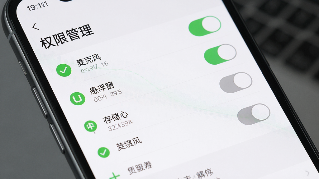 一部手机展示小火苗变声器的设置页面,屏幕内显示权限开关列表,包括麦克风、悬浮窗、存储等选项,布局为上下排列的列表式,风格为简洁商务风,细节包含绿色勾选图标、灰色未开启状态、顶部标题“权限管理”,画质高清,干净,无多余元素