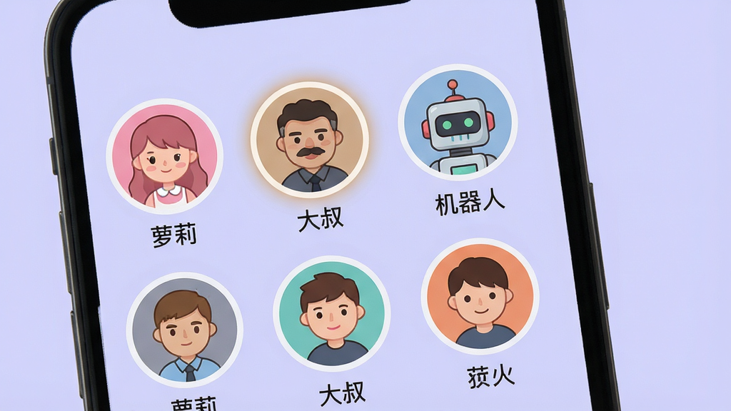 小火苗变声器的音色选择界面,主体为手机屏幕特写,屏幕内排列着多个圆形头像图标代表不同音色,布局为网格状排列,排版整齐,风格为卡通扁平化设计,细节包含“萝莉”“大叔”“机器人”等文字标签、选中高亮效果、背景为浅紫色,画质高清,干净,无多余元素
