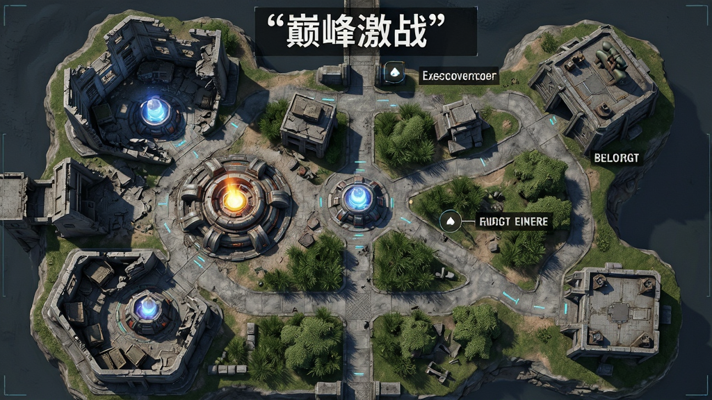 主体是巅峰激战游戏地图全景俯瞰图,布局采用鸟瞰视角展示地图全貌,排版标注各处关键点位与通道,风格为军事科幻写实风,细节包含建筑废墟、能源核心、隐蔽草丛、高台狙击点,画质高清干净无多余元素,画面中文字必须加引号标注“巅峰激战”