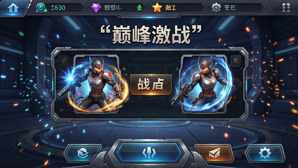 主体是一款名为巅峰激战的手机游戏主界面截图,布局采用中央大厅展示角色与对战入口,排版清晰分为顶部资源栏、中间角色展示区、底部功能按钮,风格为科幻热血竞技风,细节包含炫酷的技能光效、金属质感边框、动态背景粒子,画质高清干净无多余元素,画面中文字必须加引号标注“巅峰激战”