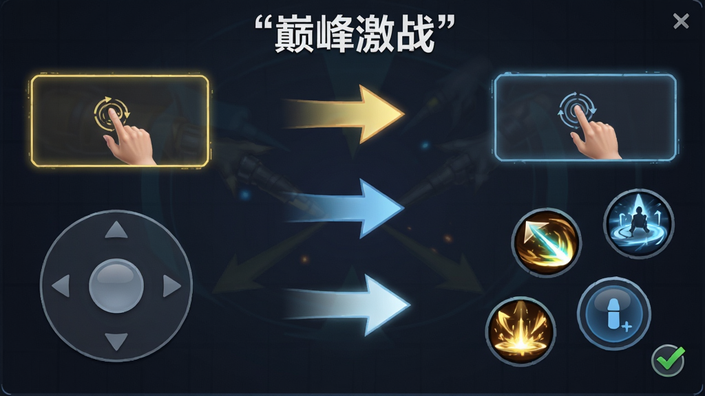 主体是巅峰激战新手教程界面,布局采用分步引导箭头指示,排版左侧为虚拟摇杆、右侧为技能按钮,风格为简洁明快的教学风,细节包含高亮提示框、手势操作示意图、进度勾选标记,画质高清干净无多余元素,画面中文字必须加引号标注“巅峰激战”