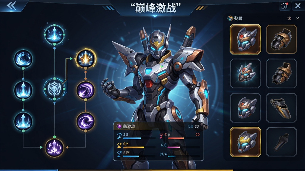主体是巅峰激战角色养成界面,布局采用角色立绘居中展示,排版左侧为技能树、右侧为装备栏,风格为科幻机甲与奇幻元素结合,细节包含发光技能节点、装备品质边框、角色属性数值面板,画质高清干净无多余元素,画面中文字必须加引号标注“巅峰激战”