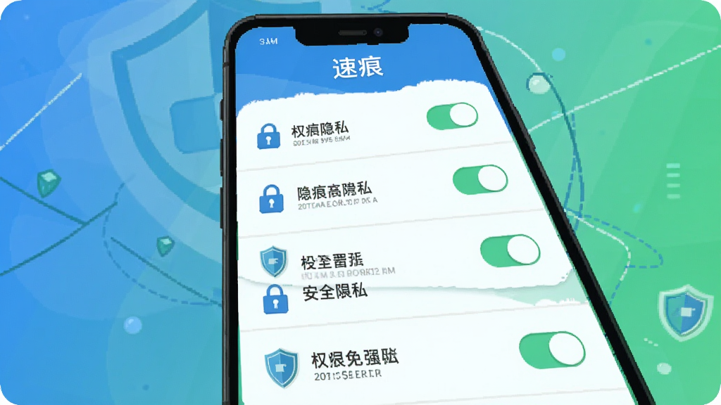 速痕隐私安全设置界面展示,主体为手机屏幕上的权限开关列表,布局采用纵向列表排版,风格为安全防护类扁平插画,细节包含锁形图标、开关按钮、盾牌元素,画质高清干净,画面中文字标注“速痕”