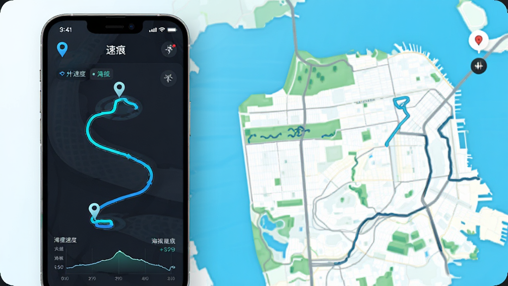 速痕轨迹记录功能展示,主体为手机屏幕上的蜿蜒骑行路线图,布局采用左侧手机右侧地图延展的对比排版,风格为现代科技感UI插画,细节包含起点终点图标、速度曲线、海拔数值,画质高清干净,画面中文字标注“速痕”