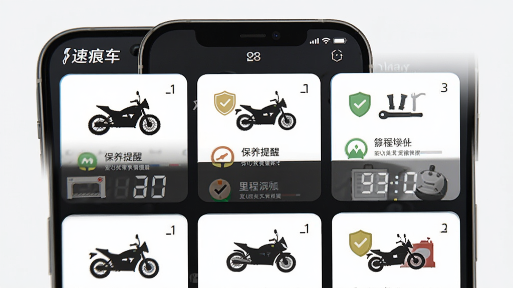 速痕爱车管理界面展示,主体为手机屏幕上的摩托车档案卡片,布局采用网格排列排版,风格为简约工具类插画,细节包含车辆剪影、保养提醒图标、里程数字,画质高清干净,画面中文字标注“速痕”