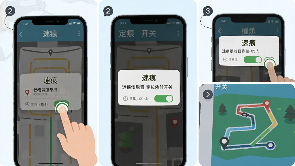 速痕新手操作指引图,主体为手机屏幕上的权限设置与定位开关界面,布局采用步骤式分屏排版,风格为教程类扁平插画,细节包含手指点击图标、权限弹窗、轨迹路线,画质高清干净,画面中文字标注“速痕”
