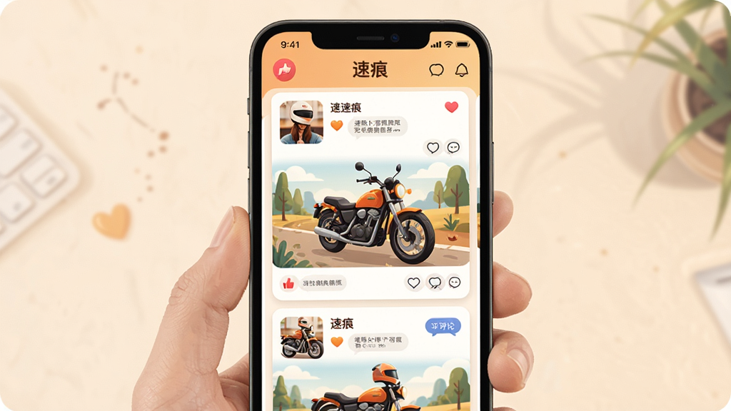 速痕社区互动界面展示,主体为手机屏幕上的骑行动态信息流,布局采用卡片式列表排版,风格为温暖社交插画,细节包含摩托车照片、点赞图标、评论气泡,画质高清干净,画面中文字标注“速痕”