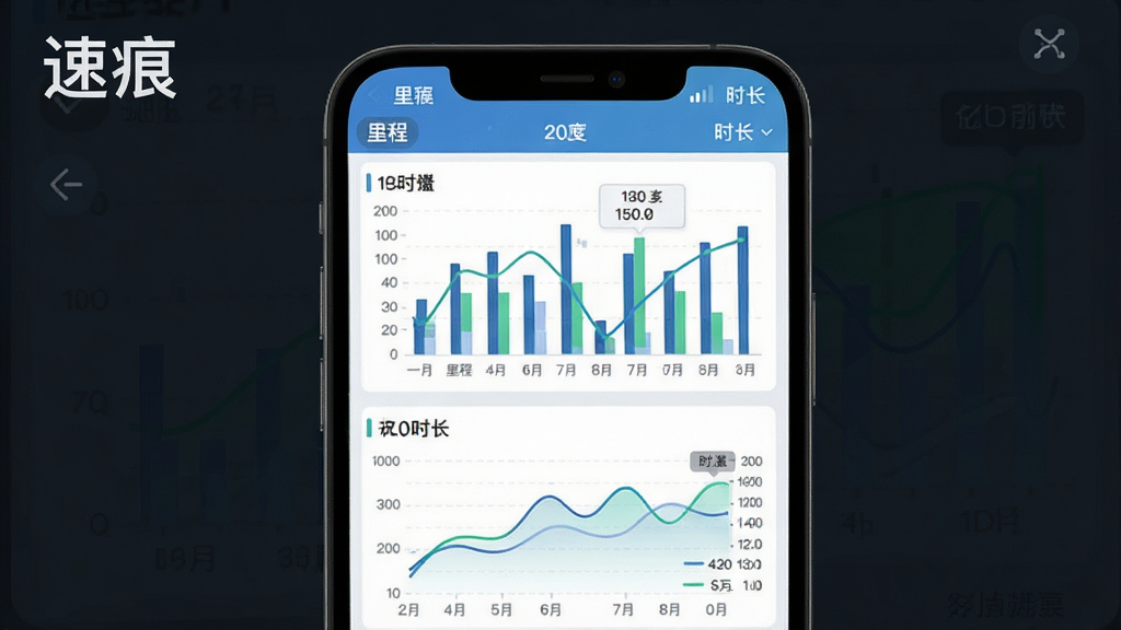 速痕数据统计界面展示,主体为手机屏幕上的柱状图与折线图组合,布局采用上下分栏排版,风格为清爽数据可视化插画,细节包含里程、速度、时长等数字标签,画质高清干净,画面中文字标注“速痕”