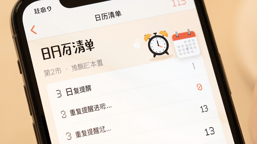 日历清单的提醒设置界面,手机屏幕显示“日历清单”应用内的重复提醒选项,旁边有闹钟和日历图标作为装饰,背景为柔和暖色调,风格温馨实用,细节丰富,画质干净,无多余元素
