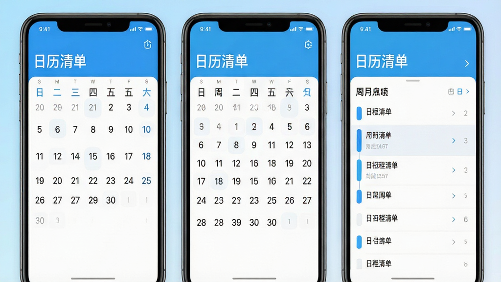 日历清单软件的多视图切换界面,画面中并排展示月历、周历和日程列表三个手机屏幕,屏幕内文字清晰显示“日历清单”字样,背景为淡蓝色渐变,风格科技简约,排版整齐,画质清晰,无杂乱元素