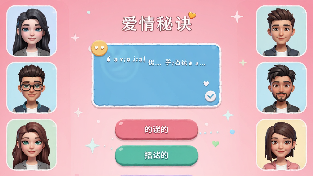 手机屏幕中展示爱情秘诀游戏主界面,多位风格各异的虚拟角色头像排列在画面两侧,中央是对话框和选项按钮,背景为柔和粉色渐变,画面风格清新现代,细节丰富,画质清晰干净,无多余元素