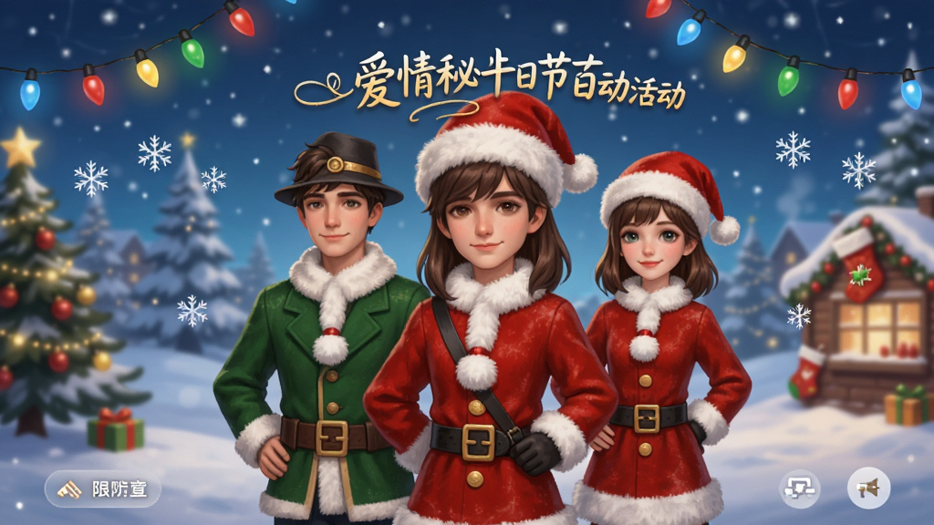 爱情秘诀节日活动界面,屏幕中显示圣诞主题的限定剧情封面,角色身穿节日服装,背景有雪花和彩灯装饰,画面温馨,画质清晰干净,排版美观