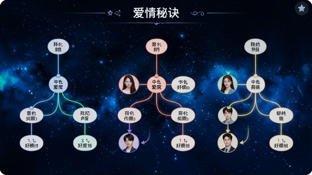 爱情秘诀多线剧情选择界面,屏幕中显示三个不同角色的剧情分支图,用彩色线条连接不同节点,标注好感度数值,背景为深蓝色星空风格,排版整洁,画质高清干净