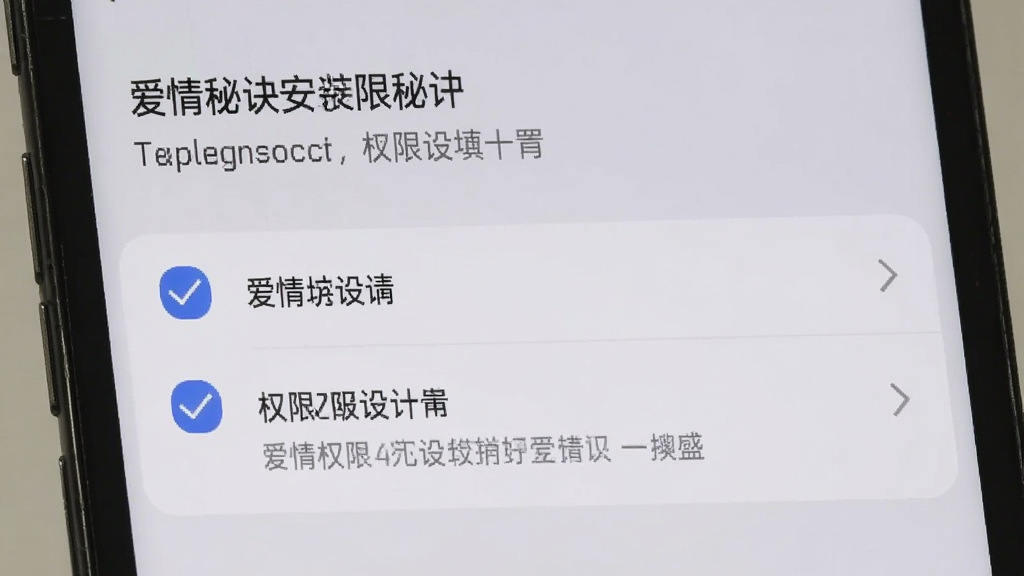 手机屏幕中显示爱情秘诀安装权限设置界面,带有勾选选项和提示文字,背景为浅灰色系统界面风格,画面简洁清晰,画质干净,无多余元素