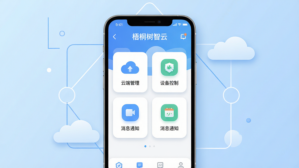画面中央放置一部智能手机,手机屏幕显示“梧桐树智云”软件主界面,界面包含云端管理、设备控制、消息通知等模块图标,背景为浅蓝色渐变,周围环绕简约的几何线条与云朵元素,整体布局采用居中对称排版,风格为现代科技扁平化,细节包括柔和的阴影与圆角图标,画质高清,画面干净,无多余元素