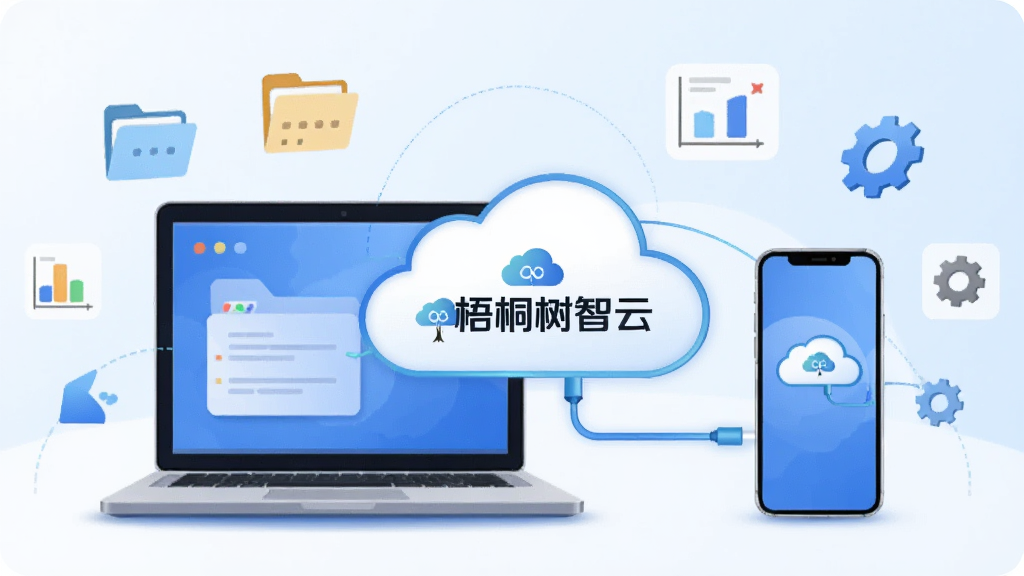 画面展示一台笔记本电脑与一部手机通过云朵图标相连,云朵中带有“梧桐树智云”文字标识,周围分布文件夹、图表、齿轮等小图标,布局为左右对称,风格为简洁商务插画,细节包括淡蓝色背景与柔和光影,画质清晰,画面干净,无多余元素
