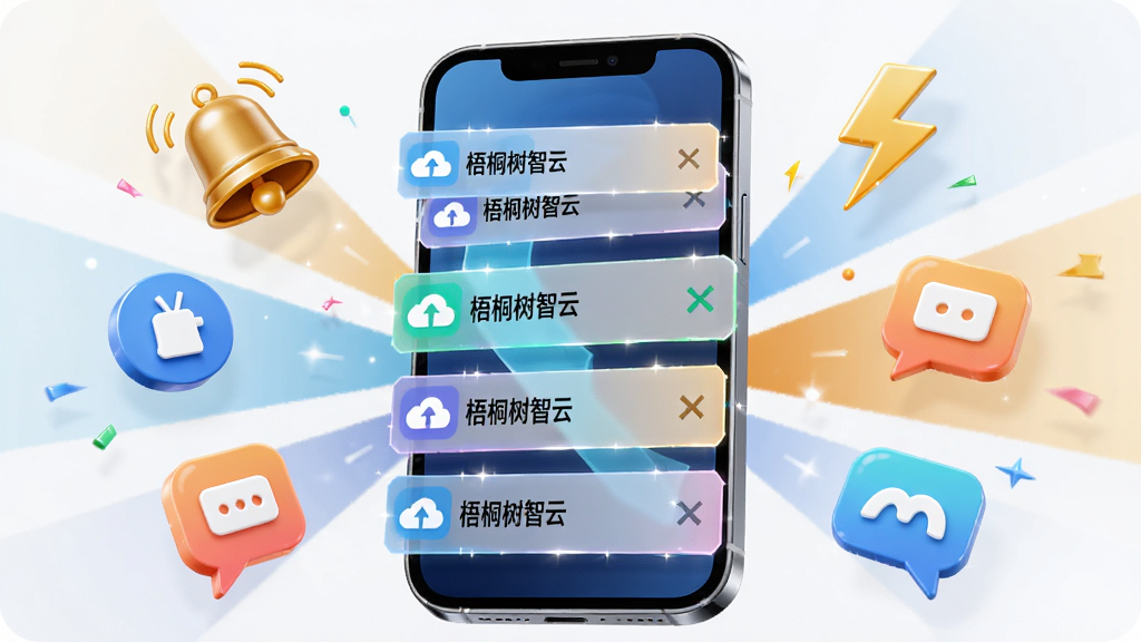 画面中心为一部手机,屏幕弹出多条消息通知卡片,卡片上标注“梧桐树智云”字样,手机周围环绕铃铛、闪电、对话气泡等图标,布局为放射状,风格为动态科技感,细节包括高光与渐变色彩,画质高清,画面干净,无多余元素
