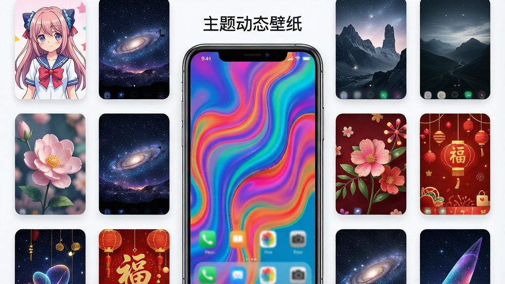 一张手机屏幕展示主题动态壁纸应用界面,画面中央是手机桌面预览,背景为炫彩3D流体动态效果,周围环绕多种壁纸缩略图卡片,包含动漫人物、星空、花朵、节日元素,整体布局清晰,上方显示软件名称文字