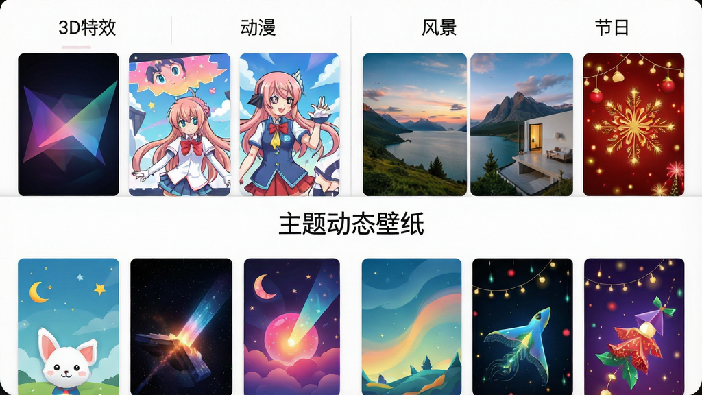一幅展示主题动态壁纸应用内壁纸库界面的图片,画面呈现多个动态壁纸分类标签,包括