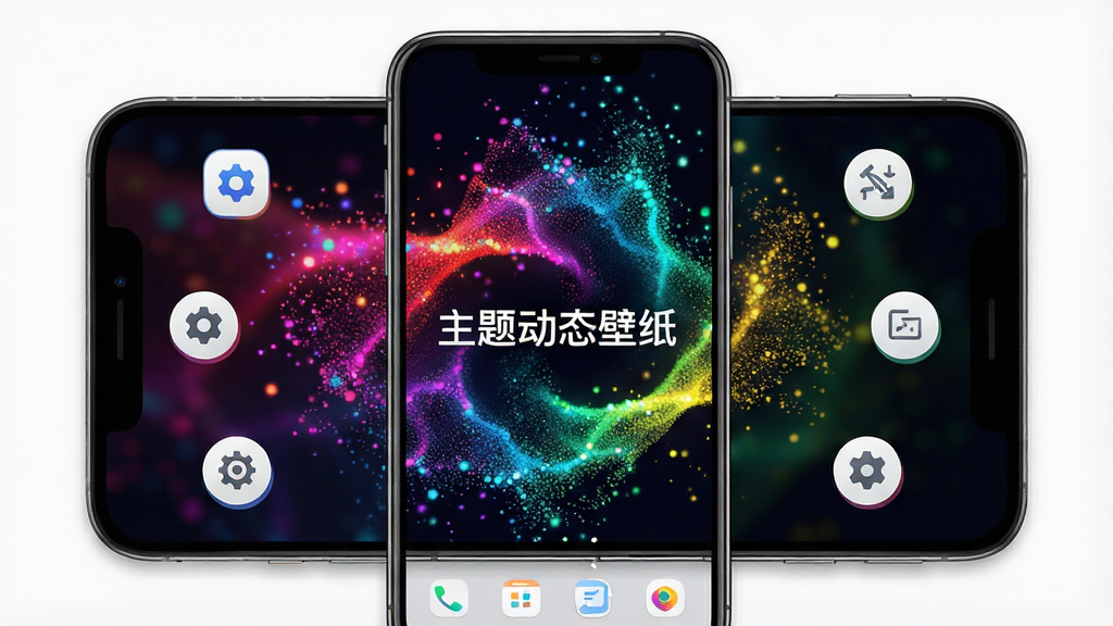 一张展示主题动态壁纸在手机上运行效果的图片,画面为手机桌面动态壁纸展示,背景为流动的彩色粒子效果,手机屏幕中央显示软件名称