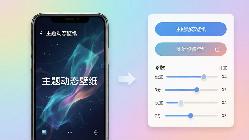 一张展示主题动态壁纸设置流程的示意图,画面左侧为壁纸预览界面,右侧为设置按钮和参数调节面板,背景为柔和的渐变色彩,手机屏幕中央显示动态壁纸效果,软件名称