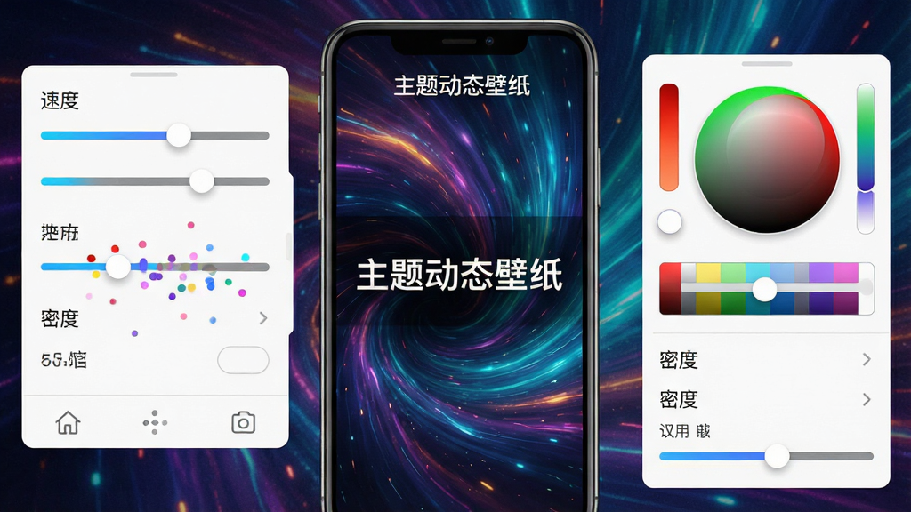 一幅描绘主题动态壁纸个性化设置界面的图片,画面中展示速度调节滑块、颜色选择器、粒子密度选项等控制面板,背景为动态壁纸效果预览,手机屏幕中央显示软件名称