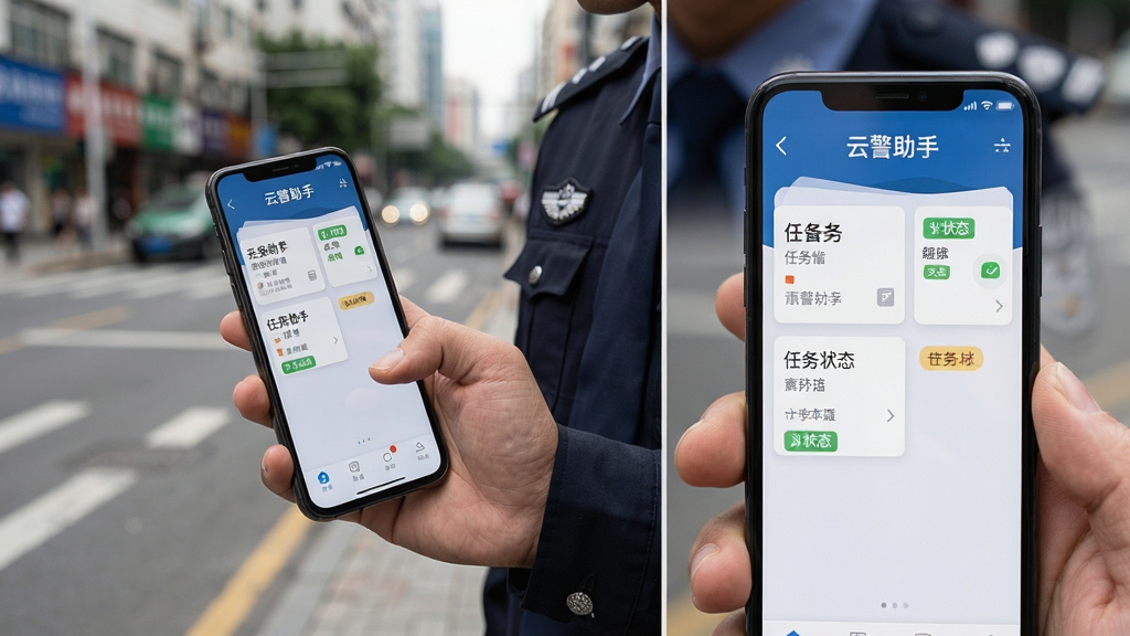 一名身着制服的警务人员在户外使用手机,手机屏幕显示