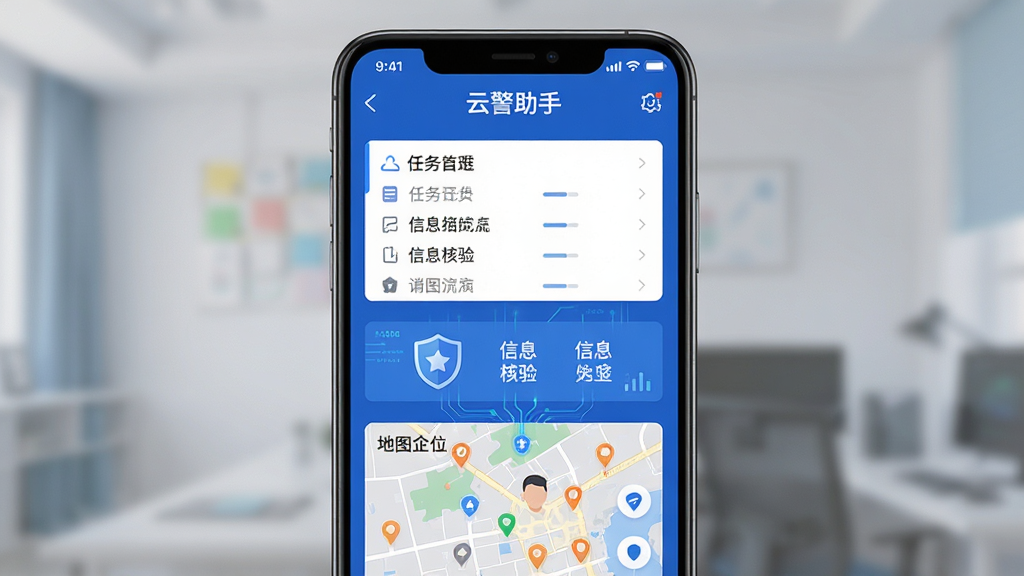 一部安卓手机竖屏展示警务工作界面,画面中央是蓝色调的应用主页面,上方有