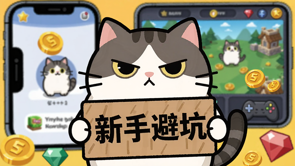 主体是一只哈基米猫咪举着写有“新手避坑”的告示牌,背景是手机屏幕和游戏界面;布局为居中构图;排版简洁明了;风格为扁平化卡通;细节包括猫咪认真的表情、告示牌上的文字、周围散落的金币和宝石;画质为高清、干净、无多余元素