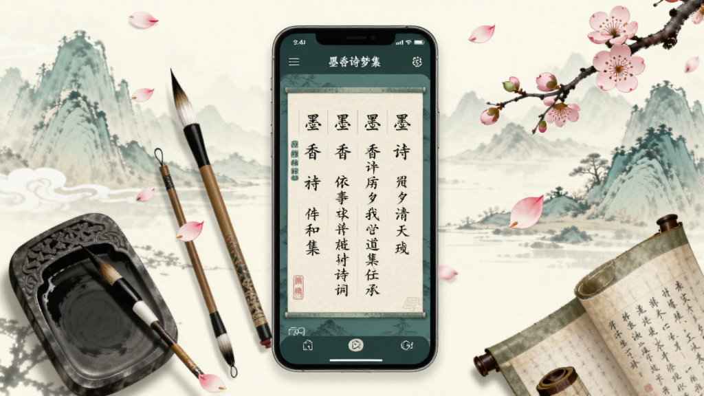 һ��չ��ī��ʫ�μ�Ӧ�ý�������ֲ廭������������һ�������ֻ�����Ļ����ʾ�Źŵ�ʫ�ʴ������棬��Χ������ë�ʡ���̨�������Ʈ���÷���꣬�����ǵ��ŵ�ˮīɽˮ����������й�����ɫ���������װ׽�֯������ϸ��ɾ����޶���Ԫ��