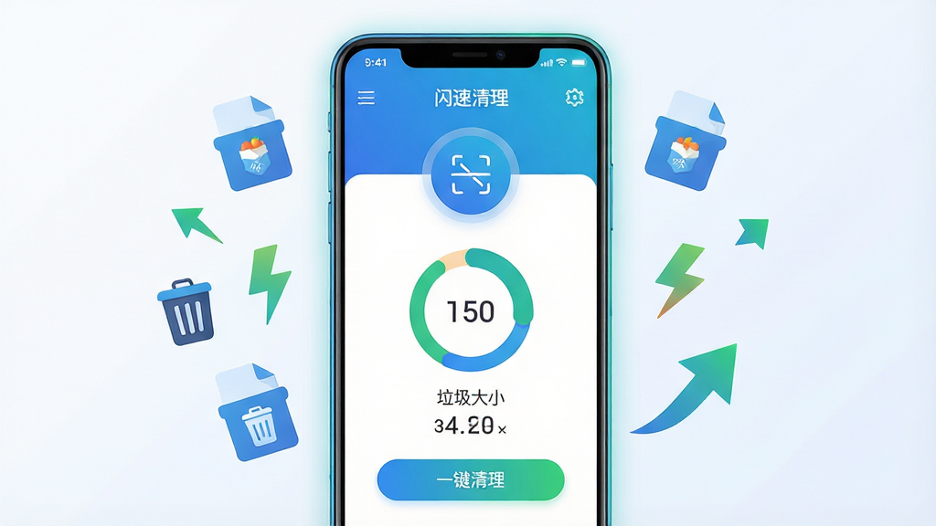 一张手机屏幕展示清理类应用界面的产品效果图,画面中央是一部竖屏安卓手机,手机屏幕内显示“闪速清理”应用的主界面,界面上有圆形扫描按钮、存储空间占用环形图、垃圾大小数字、一键清理按钮等元素;手机周围环绕着漂浮的缓存文件图标、垃圾桶图标、闪电符号和加速箭头,整体布局居中对称;风格为现代科技感扁平插画,配色以蓝白渐变为主,辅以少量绿色点缀;细节上手机边缘有微光轮廓,界面元素清晰锐利,背景为干净的浅色渐变;画质高清,画面干净,无多余元素