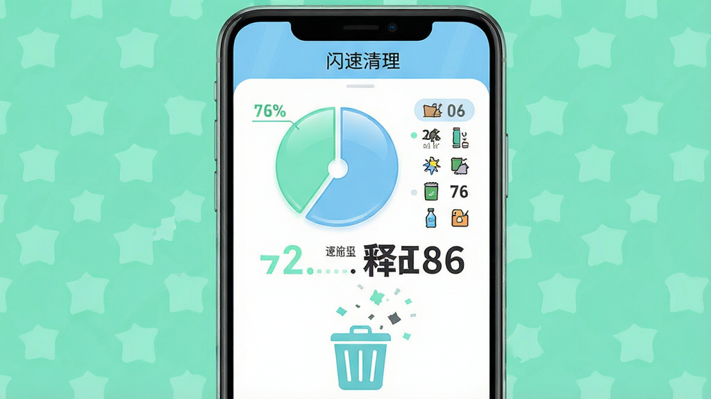 一部手机屏幕展示“闪速清理”的清理报告页面,画面中有饼状图显示清理前后存储对比、各类垃圾图标列表、释放空间的大号数字;手机下方有垃圾桶图标和向上飘散的碎屑粒子效果;布局为手机居中,报告内容清晰可读;风格为清新扁平化设计,配色以白色、浅蓝、薄荷绿为主;细节上饼状图有高光质感,数字字体粗壮醒目;画质高清,画面干净,无多余元素