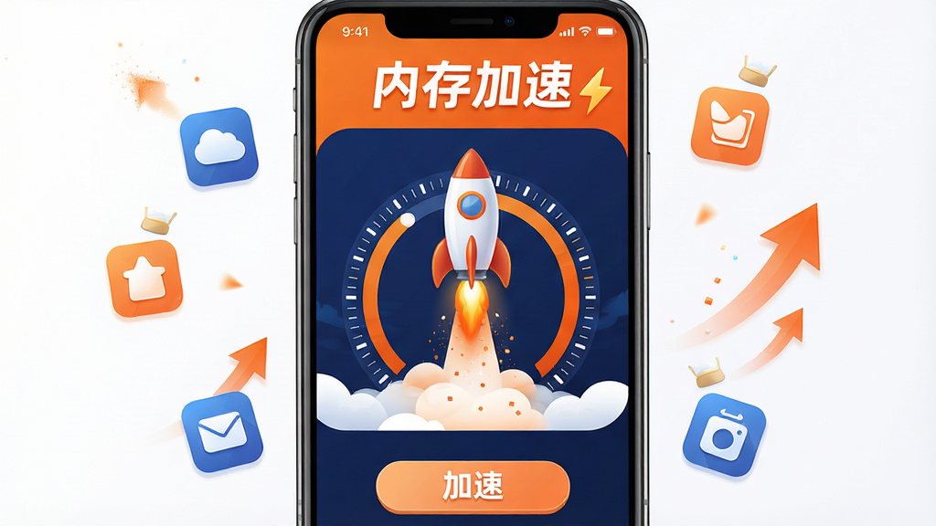 一部手机屏幕显示“闪速清理”的内存加速界面,画面中央有火箭升空动画和内存占用百分比环形图,手机周围漂浮着被清理的后台应用图标和加速箭头;布局为手机居中,上方有“内存加速”标题文字,下方有加速按钮;风格为动感科技插画风,配色以橙色、深蓝、白色为主;细节上火箭尾部有火焰粒子效果,环形图有刻度线;画质高清,画面干净,无多余元素