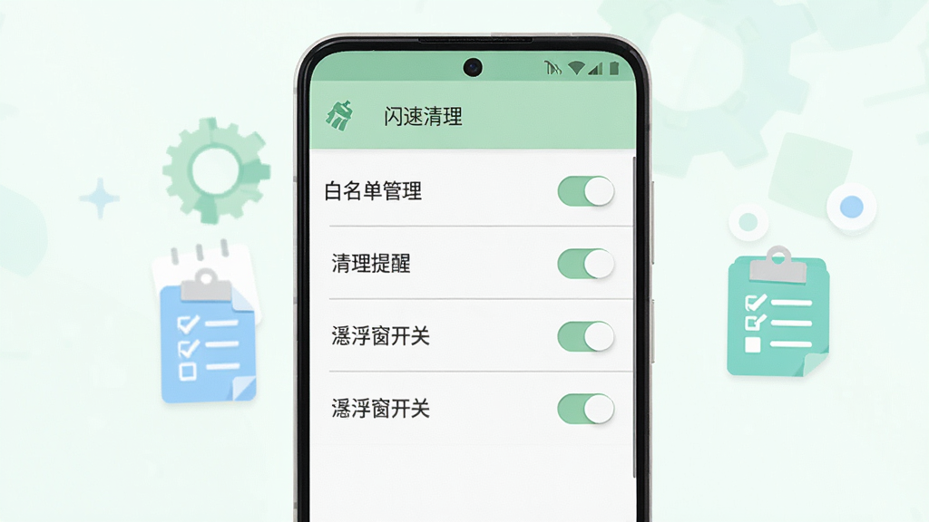 一部安卓手机屏幕展示“闪速清理”的设置页面,画面中有白名单管理、清理提醒、悬浮窗开关等选项列表;手机旁边有齿轮图标和清单图标;布局为手机居中,界面内容清晰;风格为清新浅色扁平风,配色以白色、浅绿、浅蓝为主;细节上开关有圆角矩形质感,列表分隔线细腻;画质高清,画面干净,无多余元素