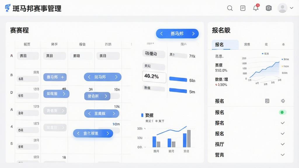 主体为斑马邦应用赛事管理后台界面,布局采用左右分栏展示赛程表与报名列表,排版整齐清晰,风格为商务简约科技风,细节包含蓝色高亮按钮与数据图表,画质高清干净无多余元素,图片中文字标注“斑马邦赛事管理”