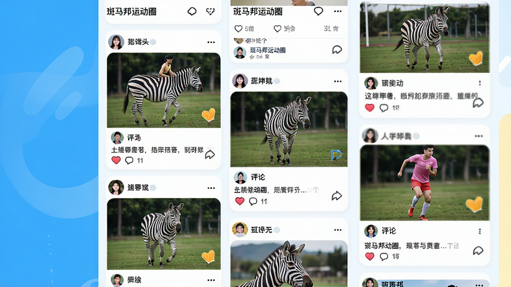 主体为斑马邦社交动态页面,布局采用瀑布流卡片展示运动照片与文字动态,排版活泼明快,风格为年轻化社交风,细节包含点赞评论图标与用户头像,画质高清干净无多余元素,图片中文字标注“斑马邦运动圈”