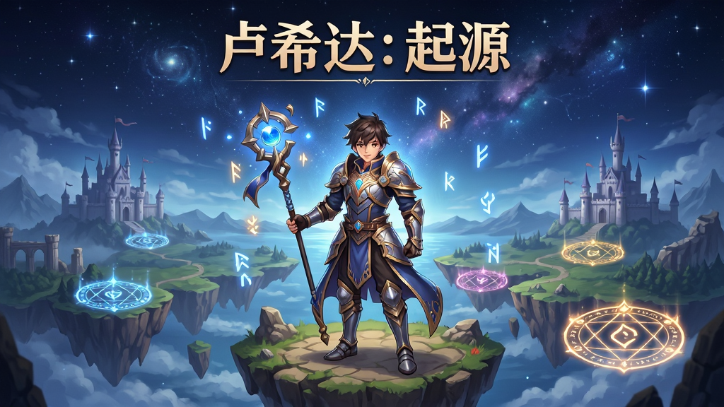 一幅奇幻风格的游戏宣传图,画面中央是名为“卢希达:起源”的二次元手游主视觉,主体为一位身穿华丽铠甲手持法杖的年轻英雄站在浮空岛屿边缘,背景是辽阔的魔法大陆与璀璨星空,布局采用竖版海报构图,上方留出标题区域,风格为精致二次元幻想插画,细节包含飘浮的魔法符文、远处的城堡轮廓、发光的召唤法阵,画质高清干净,无多余元素。