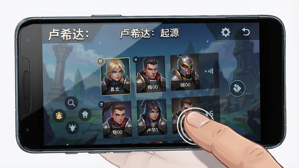 一幅手机游戏操作界面图,画面展示“卢希达:起源”在安卓手机上的运行画面,主体为竖屏手持手机视角,屏幕中显示游戏主界面与英雄列表,布局采用特写构图突出手机屏幕内容,风格为简洁科技感产品展示插画,细节包含手机边框、手指触控动作、屏幕反光效果,画质清晰干净,无多余元素。